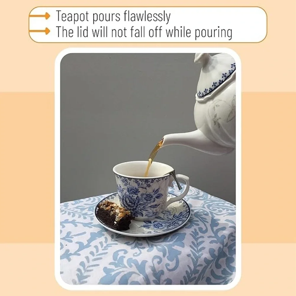 Elegant Blue and White Floral Tea Set for 3 cups with saucers